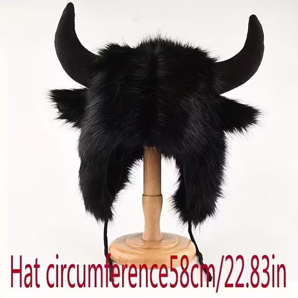 Warm Furry Winter Ox, Cow, Buffalo, Yak Horn Ear Cosplay Fuzzy Hat - Black - Picture 3 of 4